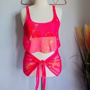 Beachsissi, Hot Pink Floral Swim Top Chiffon Overlay & Skirt Cover-up, Size XL